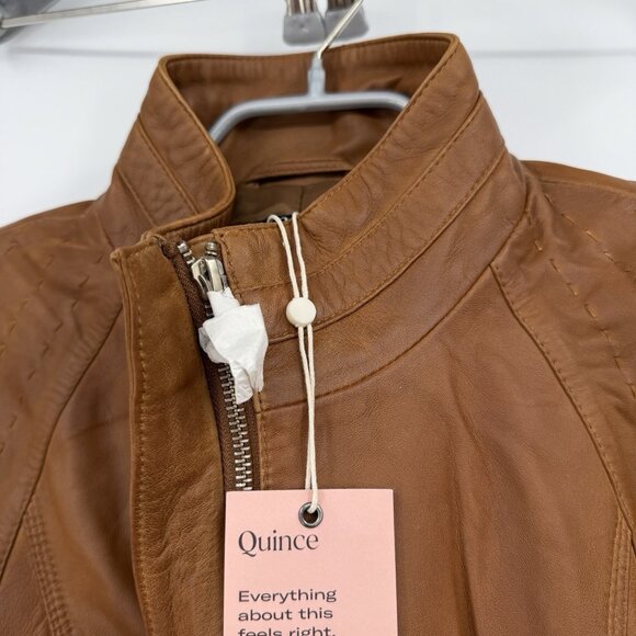 Quince 100% Leather Stand-Collar Jacket size M Women's in Cognac Brown Full Zip - Picture 10 of 16